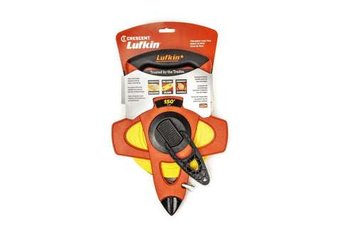 Half Inch By 150 Foot Fiberglass Tape Measure With Hi Viz Orange Case Four Arm Frame For Drop Proof Protection Lightweight Rewind Cushioned Grip