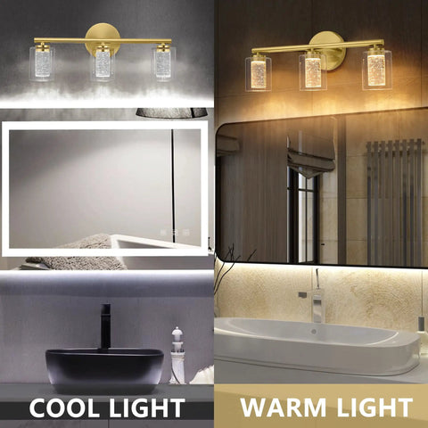 Three Light Gold LED Vanity Light With Crystal Bubble Glass For Bathroom, Modern Brushed Gold Wall Sconce Dimmable With Three Color Temperature, 18 Watts, Mid Century Vibe