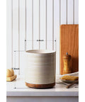360 Degree Rotating Extra Large Ceramic Utensil Holder for Countertop With Rotatable Wooden Base Deep Capacity Kitchen Utensil Crocks Arctic White Farmhouse Decor shown on a countertop with dimensions marked.