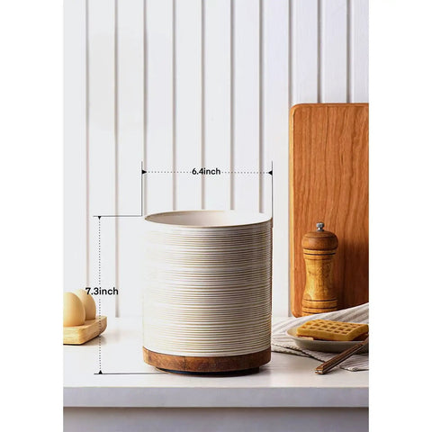 360 Degree Rotating Extra Large Ceramic Utensil Holder for Countertop With Rotatable Wooden Base Deep Capacity Kitchen Utensil Crocks Arctic White Farmhouse Decor shown on a countertop with dimensions marked.