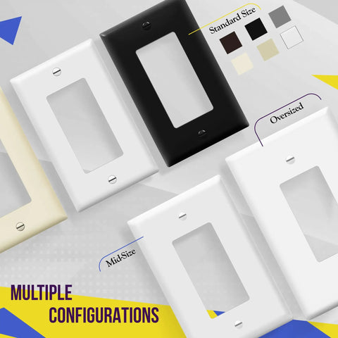 Multiple configurations of Decorator Wall Plate 1 Gang Switch Receptacle Cover, Built Tough With Unbreakable Polycarbonate Thermoplastic