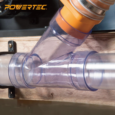 All In One Two And A Half Inch Dust Collection Fittings Network With Reducer Blast Gates Three Foot Pipes Y Fittings Ninety Degree Elbow Connector And Mounting Brackets Heavy Duty Shop Dust Collection Kit with clear Y-fitting and pipe connection