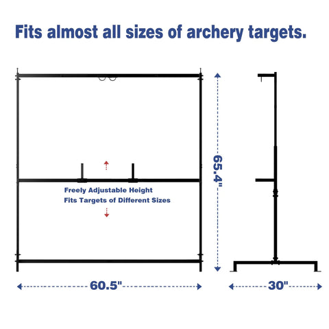 Dimensions of heavy duty archery target stand, showing adjustable height for bag targets, foam blocks, cubes and paper targets.