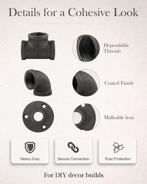 Three Quarter Inch Cast Iron Pipe Fittings Set 30 Piece Kit With Ten Elbows Ten Tees And Ten Flanges Built For Diy Projects Features