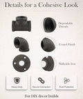 60 Pack Three Quarter Inch Cast Iron Pipe Fittings Set With Elbows Tees And Flanges for DIY decor, showing threaded details and finishes.
