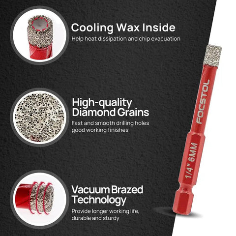 Built Tight Dry Diamond Drill Bit Set With Fast Lock Hex Shank And Carbide Pilot Bit for drilling with cooling wax and high-quality diamond grains.