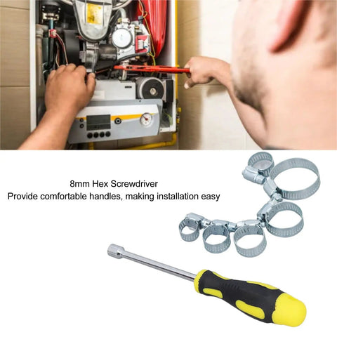 Person using All In One Hose Clamp Kit 49 Pcs Adjustable Clamps 13 To 44 mm With 8 mm Hex Screwdriver on HVAC unit