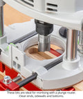Top Shelf Carbide Tipped Plunging Template Router Bit 3 Piece Set 1/2 Shank 1-1/8 Cut Diameter in use on a plunge router.
