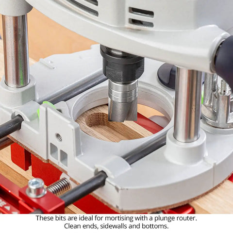 Top Shelf Carbide Tipped Plunging Template Router Bit 3 Piece Set 1/2 Shank 1-1/8 Cut Diameter in use on a plunge router.