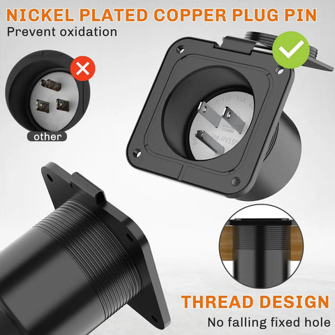 15 Amp Flanged Inlet NEMA 5-15 RV Shore Power Plug With Waterproof Back Cover features nickel-plated copper plug and thread design