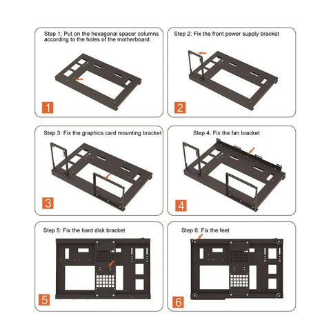 Assembly steps for Open Chassis Gaming PC Case Rack For ATX And ITX Builds, Boss Cooling with slots for fans and components.