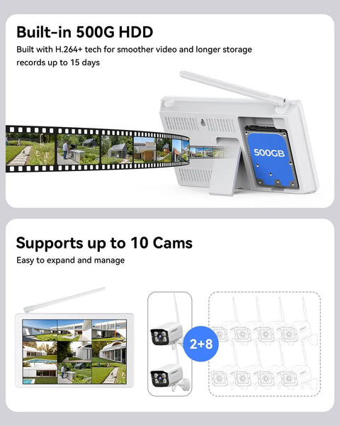 Wireless Security Camera System With 10 Inch LCD Monitor, 2 Outdoor 3MP Bullet Cameras, Metal Shell, supports up to 10 cams