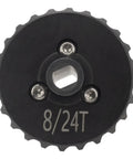 Close-up of Beefed Up Overdrive Diff Gear Set 8T-24T for Axial SCX10, showing CNC machined steel teeth and bolt pattern.