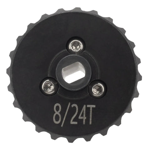Close-up of Beefed Up Overdrive Diff Gear Set 8T-24T for Axial SCX10, showing CNC machined steel teeth and bolt pattern.