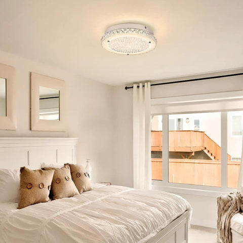 Crystal Ceiling Light With Memory Function Dimmable LED Chandelier 3000K 4000K 5000K in a modern bedroom setting