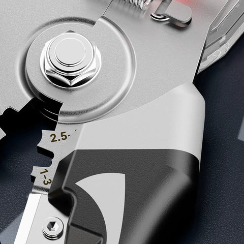 Close-up of Heavy Duty Wire Stripper Tools For Electricians Multi-Function Pliers, highlighting crimping mechanism and precision cutter.