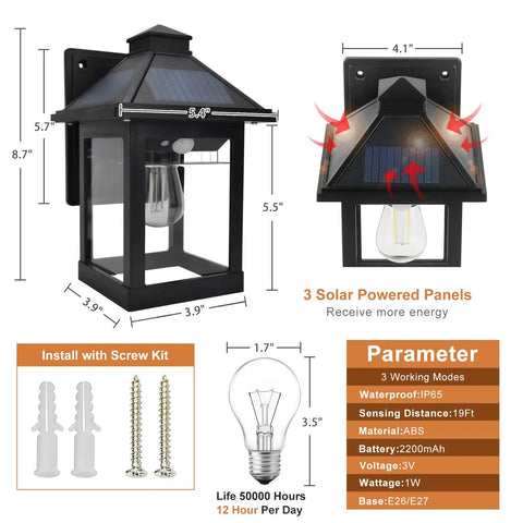 Outdoor Solar Wall Lanterns With Three Modes, Dusk To Dawn Motion Sensor LED Sconce Lights IP65 detail and dimensions display