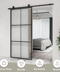 36x84 Inch Glass Sliding Barn Door Kit With 6Ft Hardware Black Aluminum Frame Clear Tempered Glass 3 Panel installed in room