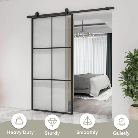 36x84 Inch Glass Sliding Barn Door Kit With 6Ft Hardware Black Aluminum Frame Clear Tempered Glass 3 Panel installed in room
