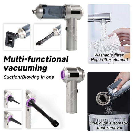 Cordless Car Vacuum With 18000Pa Brushless Motor, 120W Beast Handheld Vacuum And Air Duster, Foldable Mini Vacuum Cleaner With LED Screen, showing suction and blowing features, washable filter, and automatic dust removal.