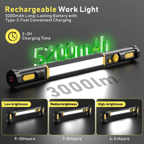 Rechargeable LED Work Light Bar With Magnetic Mount 5200mAh Battery 3000 Lumen shown in black-yellow with brightness levels