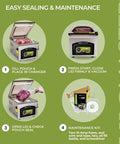VacMaster VP230 chamber vacuum sealer, kitchen appliance; front view with open lid and maintenance kit illustration