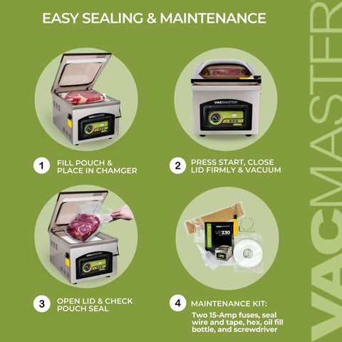 VacMaster VP230 chamber vacuum sealer, kitchen appliance; front view with open lid and maintenance kit illustration