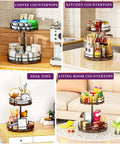 Two Tier Lazy Susan Organizer With Adjustable Heights displaying spices and condiments on various countertops for kitchen organization.