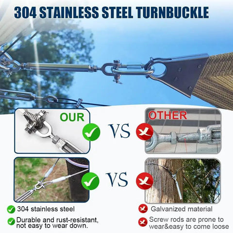 Comparison of 304 stainless steel turnbuckle vs galvanized material for Heavy Duty Fifty Foot Three Sixteenth Inch Stainless Steel Wire Rope Kit.