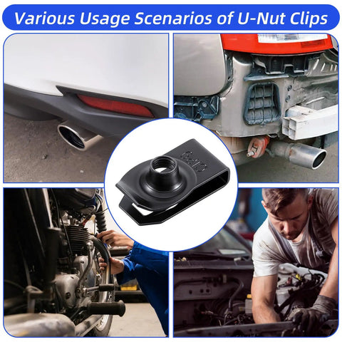 Image showing 25 Pack Black U Bolt Snap Nuts M6 Metric And Quarter Inch 20 Thread used in auto repair scenarios, including bumpers and grills.