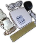 Leak Detector Kit For Sinks With Automatic Water Shut Off, Visual And Audible Alarms, white control box, valves, and cords.