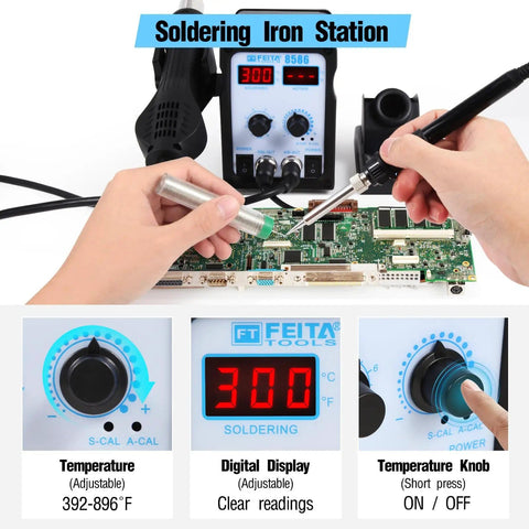 Hands using 2 In 1 SMD Hot Air Rework Station With Digital Soldering Iron And Heat Gun Includes 5 Solder Tips Kit