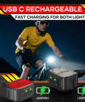 Cyclist using Front And Rear Bike Lights Set Rechargeable With Dual LEDs And 19 Flood LEDs 8 And 12 Mode Options IPX6 Waterproof