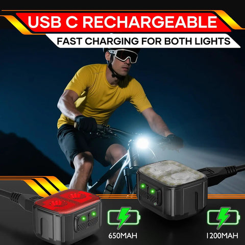 Cyclist using Front And Rear Bike Lights Set Rechargeable With Dual LEDs And 19 Flood LEDs 8 And 12 Mode Options IPX6 Waterproof