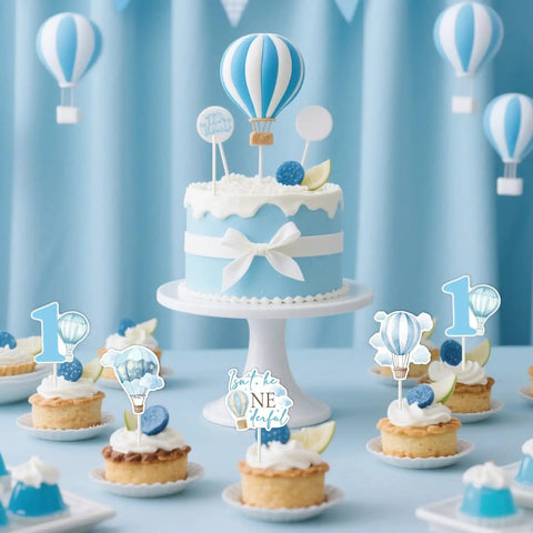 Blue Hot Air Balloon Cupcake Toppers 24 Pack With Four Pattern Set Double Sided Cardstock on cupcakes and cake for party decor