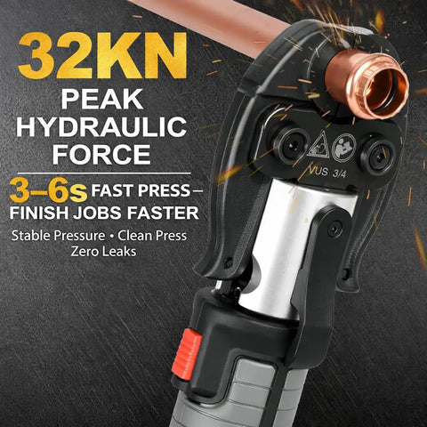 Heavy Duty 18V Cordless Electric Hydraulic Pipe Crimper With Three Jaws And Badass 32KN Force close-up showing hydraulic force rating.