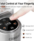 Premium Electric Coffee Grinder With Stainless Steel Conical Burrs And Forty Eight Adjustable Settings For Espresso To French Press Smooth Daily Grinding That Makes Your Morning Routine Hit Different For Home Baristas control panel showcasing grind settings and buttons.