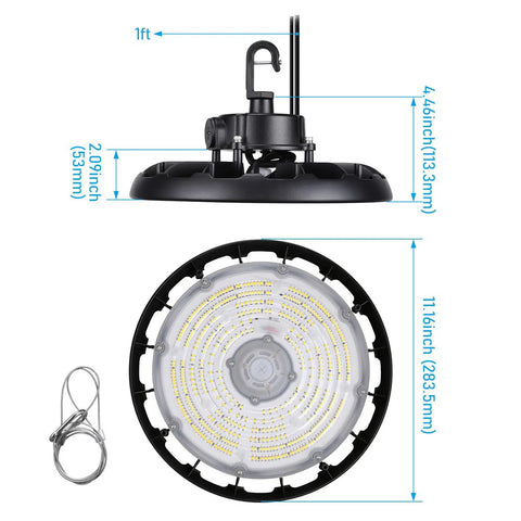 Top and bottom view of Three Power Modes Workhorse UFO LED High Bay Light Dimmable 0-10V 120-277V IP65 Aluminum dimensions displayed.