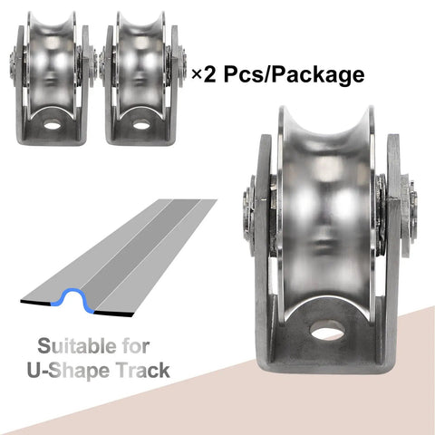 Two Pack 2.7 Inch U Groove Sliding Gate Casters With Bracket For Inverted 0.98 Inch U Track Beefy Heavy Duty 1102 Lbs Per Wheel For Garage Doors Lifting And Industrial Machinery, steel U-track wheel set