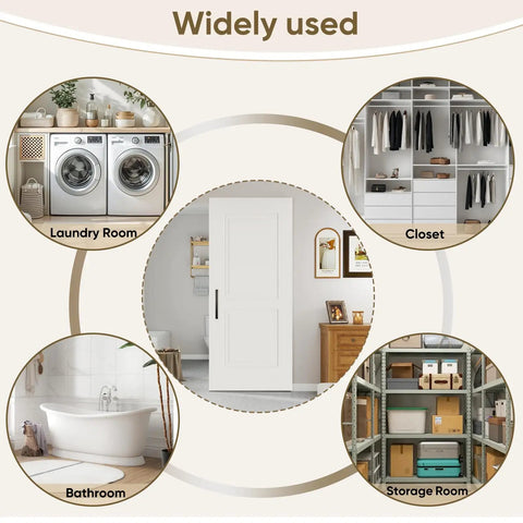 Image showcasing the 36 By 84 Concealed Sliding Barn Door With Super Slick Glide And Soft Close Hardware in various rooms like laundry, closet, bathroom, and storage.