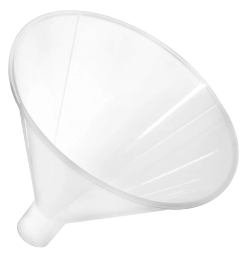 Powder Funnel 6 Inch Diameter No Spill Transfer For Lab Classroom And Home Chem Set Polypropylene With Parallel Stem Acid And Alkali Resistant Heat Tolerant Pro Grade Industrial Quality, white funnel side view