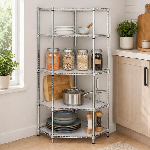 Solid Five Tier Corner Shelf With Sleek Chrome Finish And Fully Adjustable Heights Featuring Clear Protective Liners For Zero Sweat No Tool Assembly And Clean Space Saving Storage That Really Slaps In Any Room