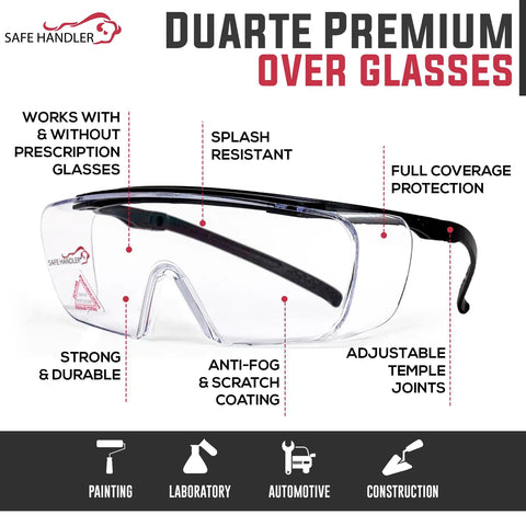 Top Shelf Anti Fog Safety Glasses Over Eyeglasses Clear Impact Resistant Polycarbonate Lenses in protective display with features