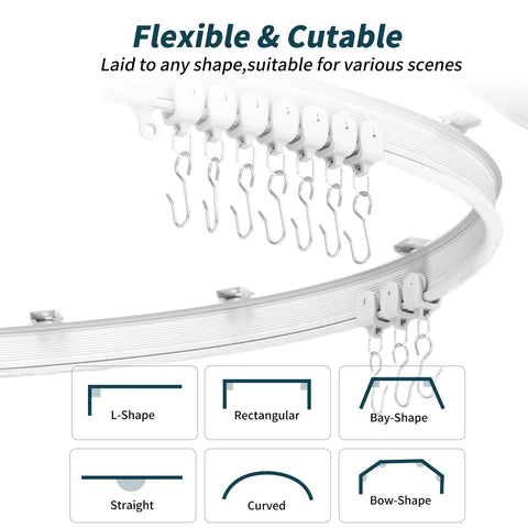 Flexible Bendable Ceiling Curtain Track Kit 9.8 Ft White With 26 Rollers 9 Brackets End Covers Hooks Drywall Anchors And Screws For Easy Install Ideal For Living Rooms Bedrooms And Home Theaters. Flexible curved ceiling track with rollers and hooks