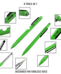 Two Piece Multi Tool Pen Set with Ballpoint EDC Pen and Stylus, Screwdriver, Ruler, Level, and Flashlight in green color