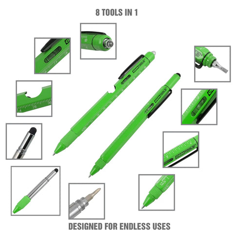 Two Piece Multi Tool Pen Set with Ballpoint EDC Pen and Stylus, Screwdriver, Ruler, Level, and Flashlight in green color