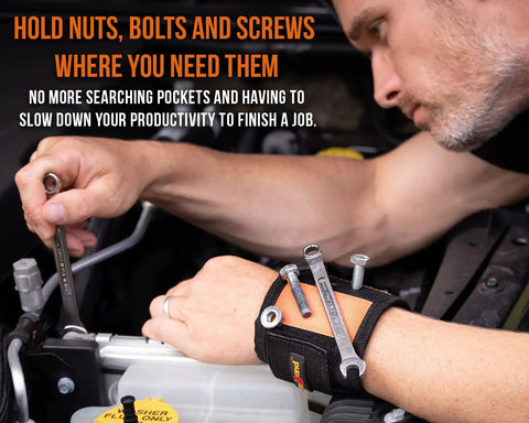 Person using magnetic wristband for holding screws nails and drill bits with 10 strong magnets adjustable tool bracelet