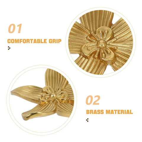 Close-up of Brushed Brass Five-Leaf Flower Cabinet Knob And Dresser Pull For Wardrobe Drawers, Vintage Furniture Hardware For Bathroom And Kitchen Cabinets, Ergonomic Grip, Go-To Sleek Floral Design highlighting brass material.