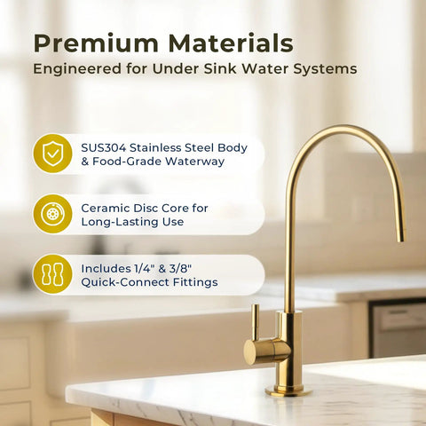 iSpring GA1-G Drinking Water Faucet, Brushed Gold, Lead-Free Brass with SUS304 stainless steel body and fittings.