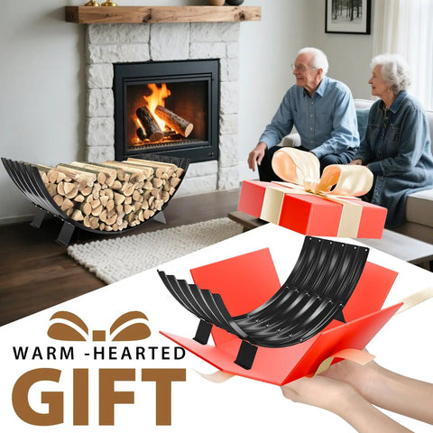 40 Inch Diameter Sector Firewood Rack Storage Built From 0.8Mm Thick Galvanized Steel With Wave Pattern shown with fireplace and gift box